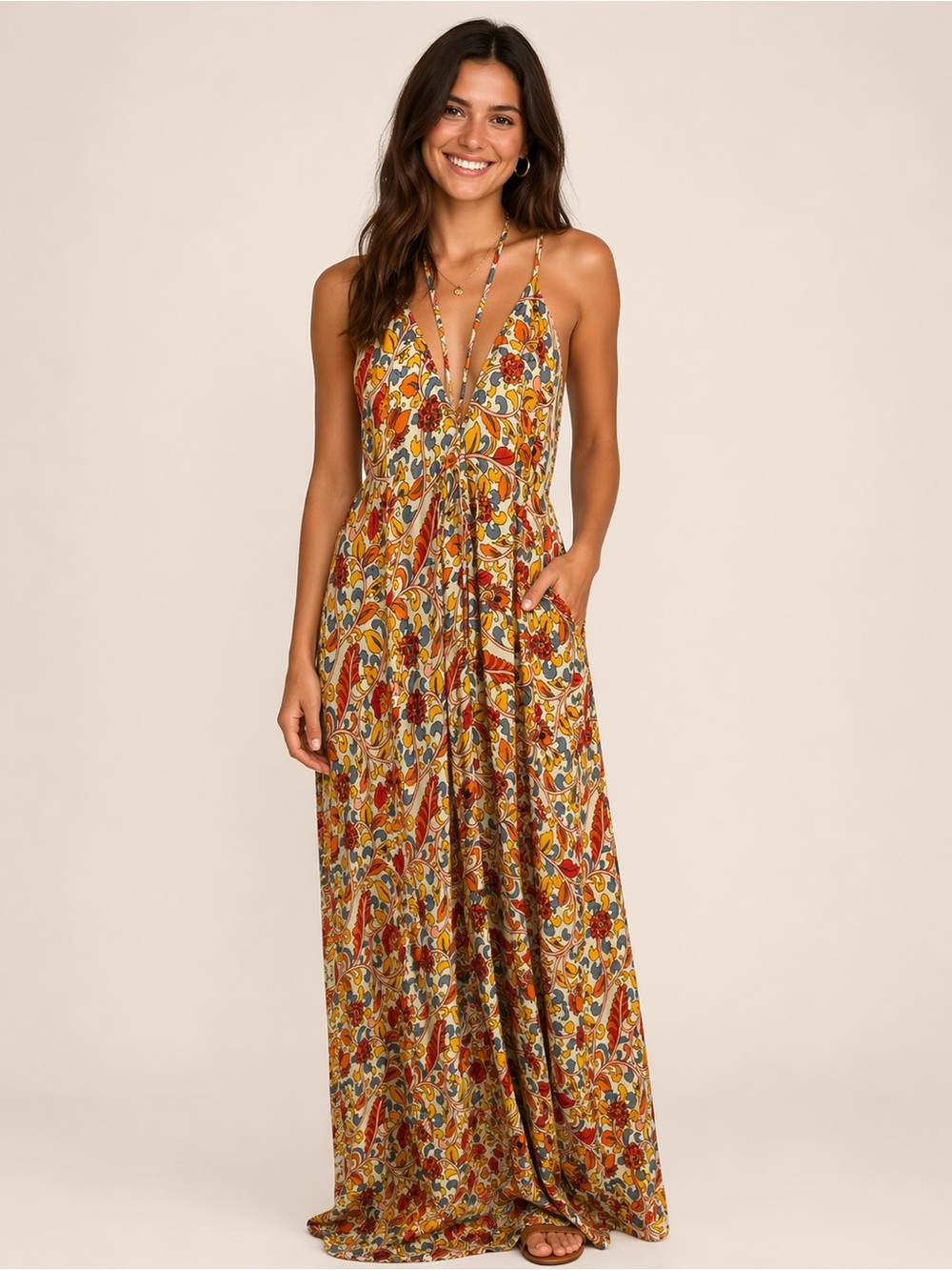 Bohemian Floral V-Neck Maxi Dress in Mustard Multi